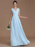 A-Line/Princess V-neck Sleeveless Ruched Floor-Length Chiffon Bridesmaid Dresses TPP0005037