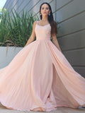 A-Line/Princess Chiffon Lace Spaghetti Straps Sleeveless Sweep/Brush Train Bridesmaid Dresses TPP0005886