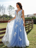 A-Line/Princess Tulle Applique V-neck Sleeveless Sweep/Brush Train Dresses TPP0001441