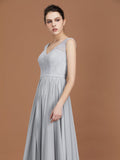 A-Line/Princess V-neck Sleeveless Floor-Length Chiffon Lace Bridesmaid Dress TPP0005698