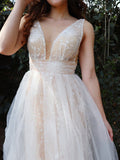 A-Line/Princess Tulle Applique V-neck Sleeveless Floor-Length Dresses TPP0004816