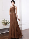 Sheath/Column One-Shoulder Sleeveless Beading Pleats Long Chiffon Bridesmaid Dresses TPP0005588