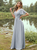 A-Line/Princess Chiffon Ruffles V-neck Short Sleeves Floor-Length Bridesmaid Dresses TPP0004977