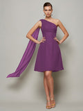 A-Line/Princess One-Shoulder Sleeveless Pleats Short Chiffon Bridesmaid Dresses TPP0005095