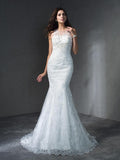 Trumpet/Mermaid Scoop Applique Sleeveless Long Lace Wedding Dresses TPP0006136