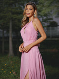 A-Line/Princess Chiffon Ruched Scoop Sleeveless Sweep/Brush Train Bridesmaid Dresses TPP0005014