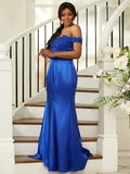 Sheath/Column Silk like Satin Applique Off-the-Shoulder Sleeveless Sweep/Brush Train Bridesmaid Dresses TPP0004990