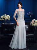 Sheath/Column Scoop Beading 3/4 Sleeves Long Net Mother of the Bride Dresses TPP0007137