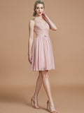 A-Line/Princess V-neck Sleeveless Lace Short/Mini Chiffon Bridesmaid Dresses TPP0005355