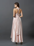 Sheath/Column Sleeveless High Low Silk like Satin Bridesmaid Dresses TPP0005141