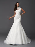 Trumpet/Mermaid High Neck Beading Sleeveless Long Organza Wedding Dresses TPP0006227