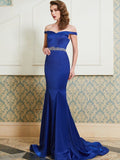 Trumpet/Mermaid Off-the-Shoulder Sleeveless Crystal Sweep/Brush Train Satin Dresses TPP0003094