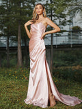 Sheath/Column Silk like Satin Ruched Sweetheart Sleeveless Sweep/Brush Train Bridesmaid Dresses TPP0004946