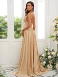 A-Line/Princess Jersey Ruffles V-neck Sleeveless Sweep/Brush Train Bridesmaid Dresses TPP0004896