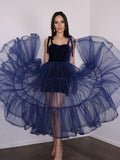 A-Line/Princess Tulle Ruffles Spaghetti Straps Sleeveless Tea-Length Homecoming Dresses TPP0004693