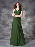 A-line/Princess V-neck Hand-Made Flower Sleeveless Long Chiffon Bridesmaid Dresses TPP0005771