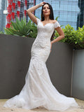 Trumpet/Mermaid Tulle Applique Off-the-Shoulder Sleeveless Sweep/Brush Train Wedding Dresses TPP0006311