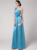 Sheath/Column One-Shoulder Sleeveless Pleats Hand-Made Flower Long Elastic Woven Satin Bridesmaid Dresses TPP0005514