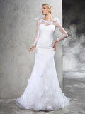 Sheath/Column Sheer Neck Hand-Made Flower Long Sleeves Long Satin Wedding Dresses TPP0006923