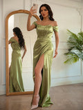 Sheath/Column Elastic Woven Satin Ruched Off-the-Shoulder Sleeveless Floor-Length Dresses TPP0001420