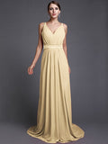 A-Line/Princess V-neck Sleeveless Long Ruffles Chiffon Bridesmaid Dresses TPP0005515