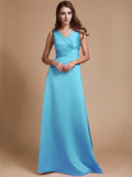 A-Line/Princess V-neck Long Sleeveless Elastic Woven Satin Bridesmaid Dresses TPP0005409