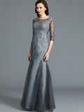 Sheath/Column Scoop Applique 1/2 Sleeves Tulle Floor-Length Mother of the Bride Dresses TPP0007147