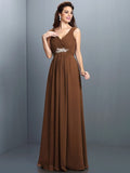 A-Line/Princess V-neck Beading Pleats Sleeveless Long Chiffon Bridesmaid Dresses TPP0005270