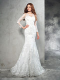 Sheath/Column Sheer Neck Lace Long Sleeves Long Net Wedding Dresses TPP0006518