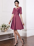 Sheath/Column V-neck Half Sleeves Pleats Taffeta Bridesmaid Dresses TPP0005658