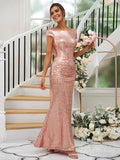 Sheath/Column Sequins Ruched Scoop Short Sleeves Floor-Length Bridesmaid Dresses TPP0004938