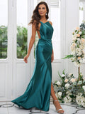 Sheath/Column Charmeuse Ruched Scoop Sleeveless Sweep/Brush Train Bridesmaid Dresses TPP0004919