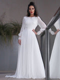 A-Line/Princess Chiffon Ruffles Long Sleeves Scoop Sweep/Brush Train Wedding Dresses TPP0006511