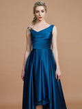 A-Line/Princess V-neck Satin Asymmetrical Sleeveless Bridesmaid Dresses TPP0005395