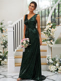 Sheath/Column Sequins Ruched V-neck Sleeveless Sweep/Brush Train Bridesmaid Dresses TPP0004958