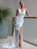 Sheath/Column Satin Ruched V-neck Sleeveless Sweep/Brush Train Wedding Dresses TPP0007028