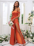 Sheath/Column Silk like Satin Ruched Off-the-Shoulder Sleeveless Sweep/Brush Train Bridesmaid Dresses TPP0004904