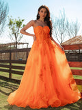 A-Line/Princess Tulle Applique Sweetheart Sleeveless Floor-Length Dresses TPP0001392