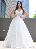 A-Line/Princess Tulle Applique V-neck Sleeveless Floor-Length Wedding Dresses TPP0006313