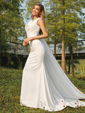 Sheath/Column Satin Ruched Scoop Sleeveless Sweep/Brush Train Wedding Dresses TPP0006592