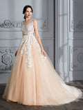 Ball Gown Scoop Sleeveless Court Train Tulle Wedding Dresses TPP0006564