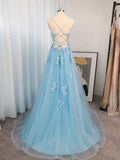 A-Line/Princess Tulle Applique Spaghetti Straps Sleeveless Sweep/Brush Train Dresses TPP0001532