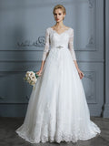 Ball Gown V-neck 3/4 Sleeves Court Train Lace Tulle Wedding Dresses TPP0006428