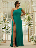 Sheath/Column Jersey Ruffles One-Shoulder Sleeveless Sweep/Brush Train Bridesmaid Dresses TPP0004992