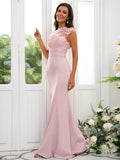 Trumpet/Mermaid Charmeuse Applique High Neck Sleeveless Floor-Length Bridesmaid Dresses TPP0004924