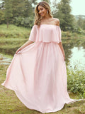 A-Line/Princess Jersey Ruffles Off-the-Shoulder Short Sleeves Sweep/Brush Train Bridesmaid Dresses TPP0004975