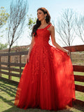 A-Line/Princess Tulle Applique Off-the-Shoulder Sleeveless Floor-Length Dresses TPP0001443