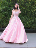 A-Line/Princess Satin Applique Off-the-Shoulder Sleeveless Sweep/Brush Train Dresses TPP0001446