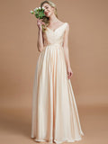 A-Line/Princess V-neck Sleeveless Ruched Floor-Length Silk like Satin Bridesmaid Dresses TPP0005430