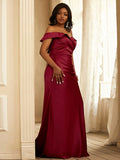 Sheath/Column Satin Ruched Off-the-Shoulder Sleeveless Sweep/Brush Train Bridesmaid Dresses TPP0004959